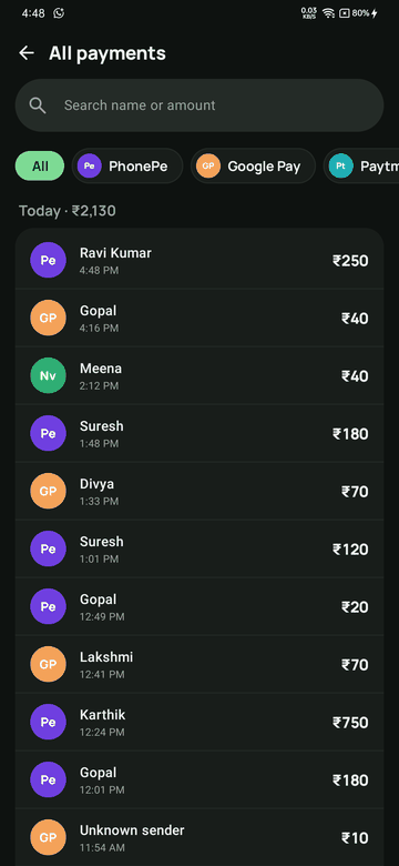 Searchable list of all payments