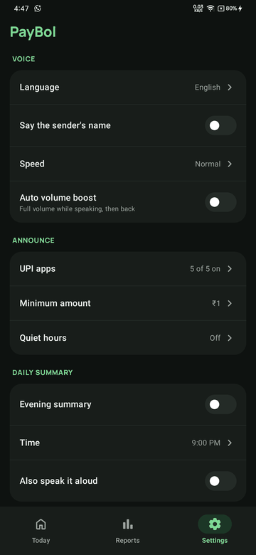 Settings for language, speed, minimum amount and quiet hours